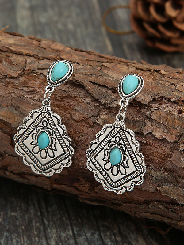 Vintage Distressed Totem Embedded Water Drop Turquoise Earrings Women's Boho Earrings