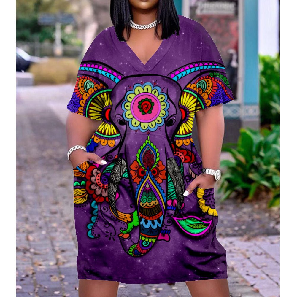 African tribe plus size v-neck mid-sleeve dress
