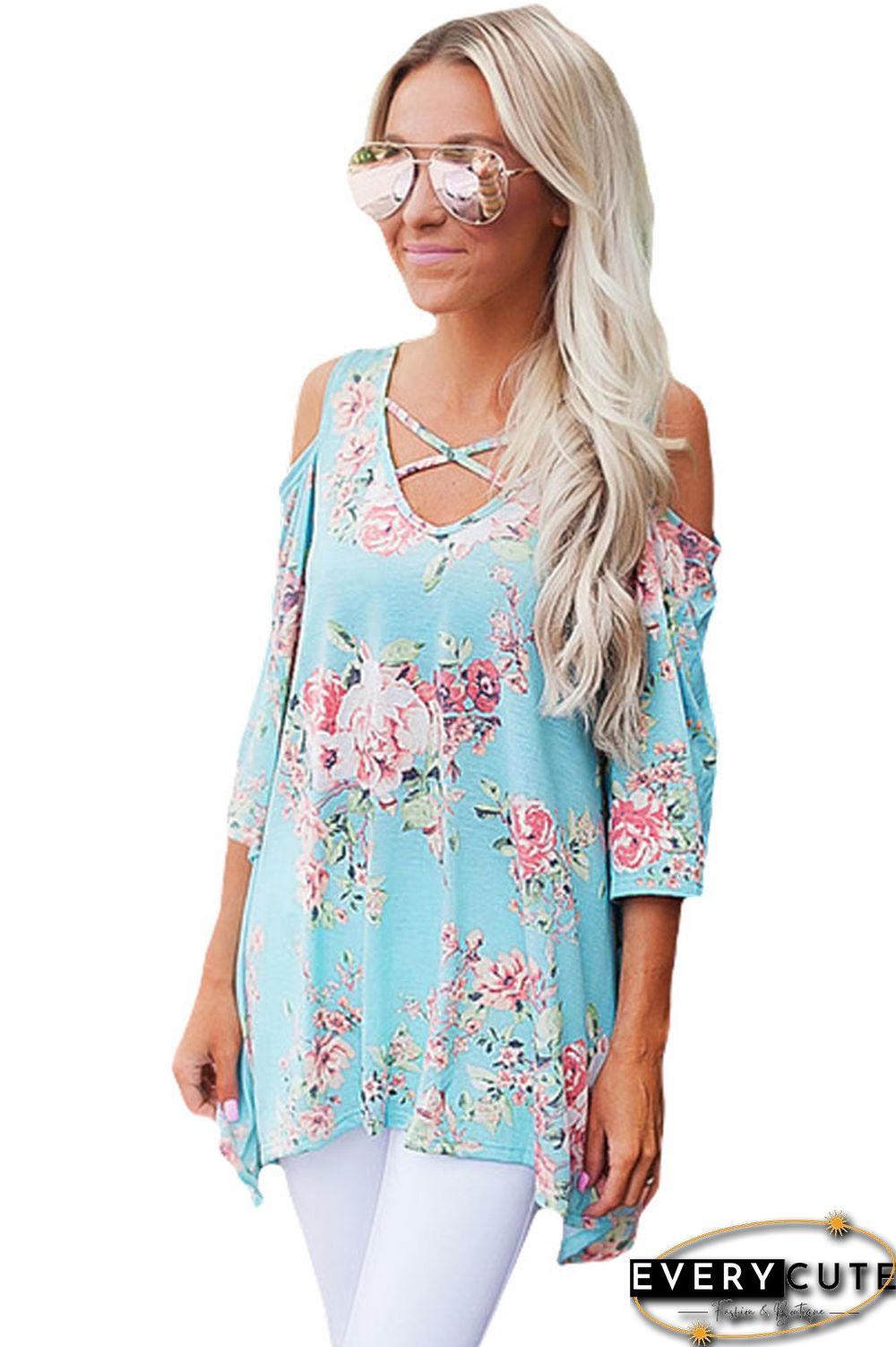 Light Blue Floral Print Three Quarter Sleeve Drop Shoulder Blouse