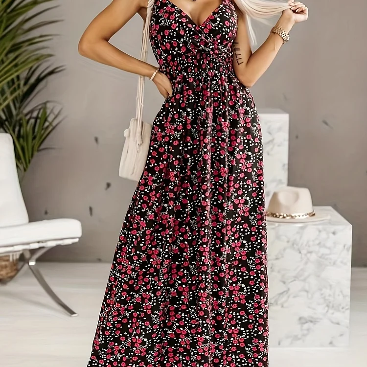 Floral Print Shirred Waist Cami Dress, Boho V-neck Backless Spaghetti Dress, Women's Clothing