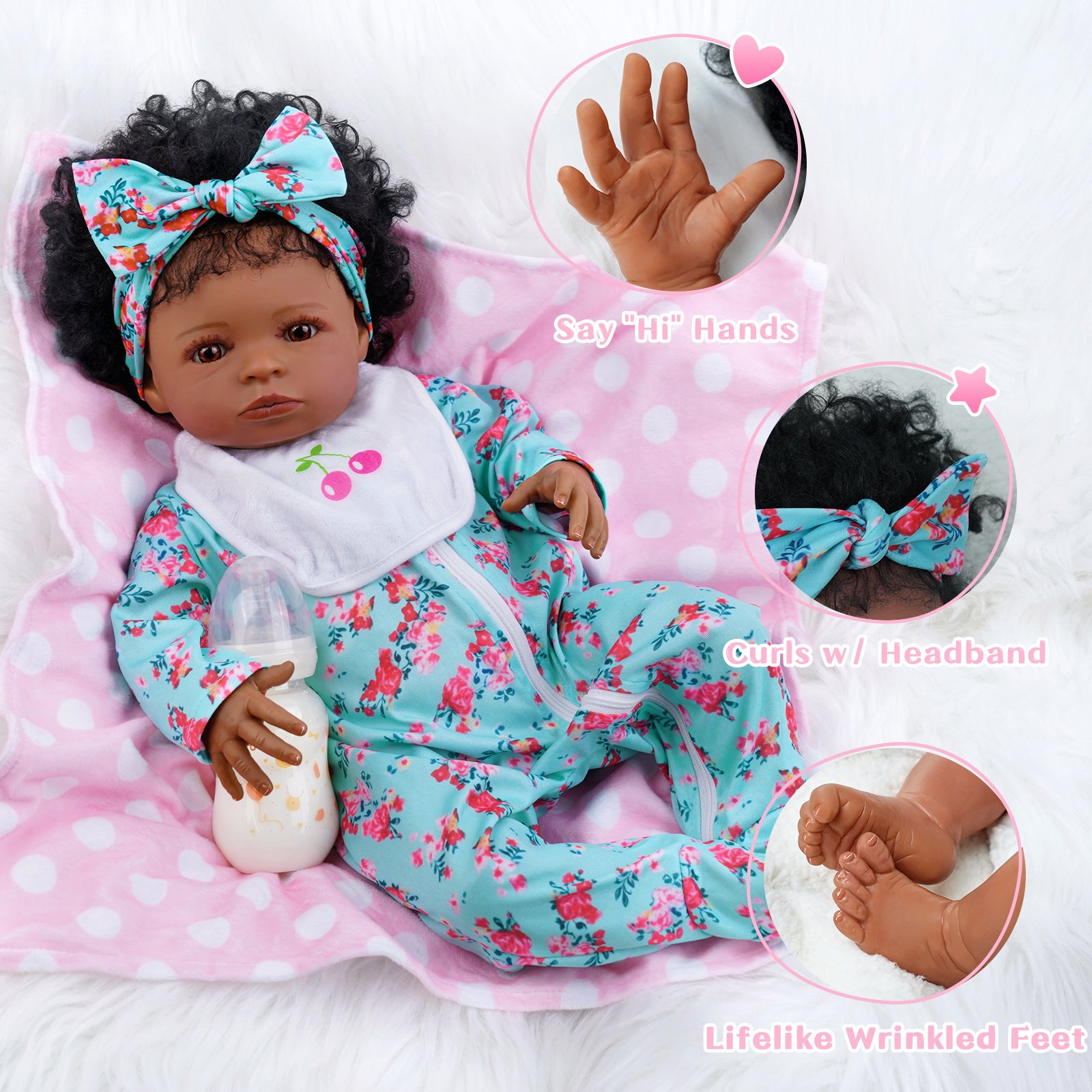 Babeside Quiet Reborn Baby Laney 20'' African American Little Infant Girl Healing of the Heart Smiling Girl Laney And 8pcs Set-Talking + Heartbeat Coos and Breath