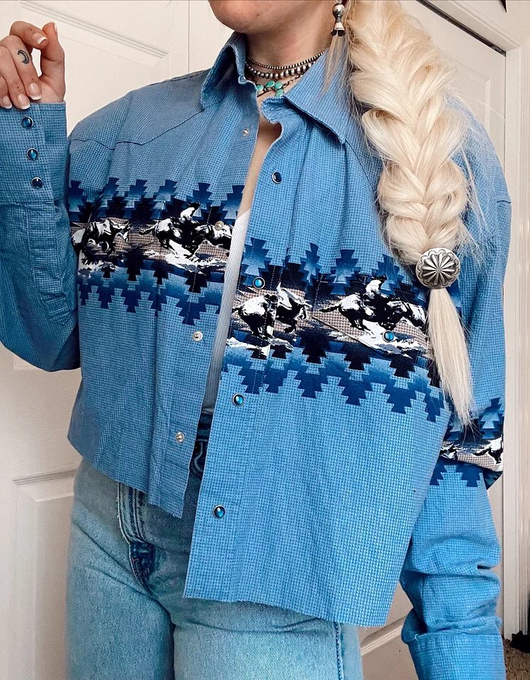 Blue Vintage Western Print Cropped Button Down Shirt