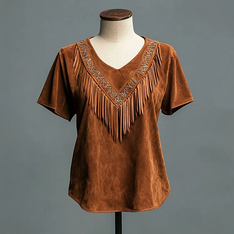 Ursime Suede Fringed V Neck Short Sleeve T-Shirt