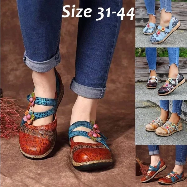 Women Retro British Floral Leather Sandals Color Stitching Shackle Stripes Wedges Flat Shoes Casual Shoes