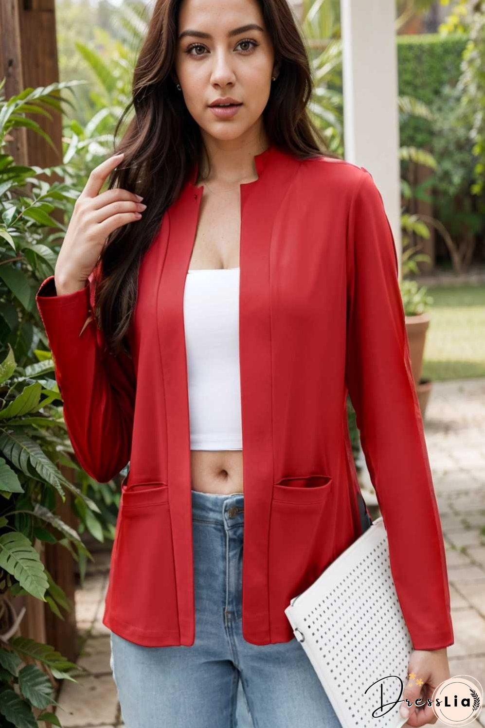 solid long sleeves pockets open front versatile blazer