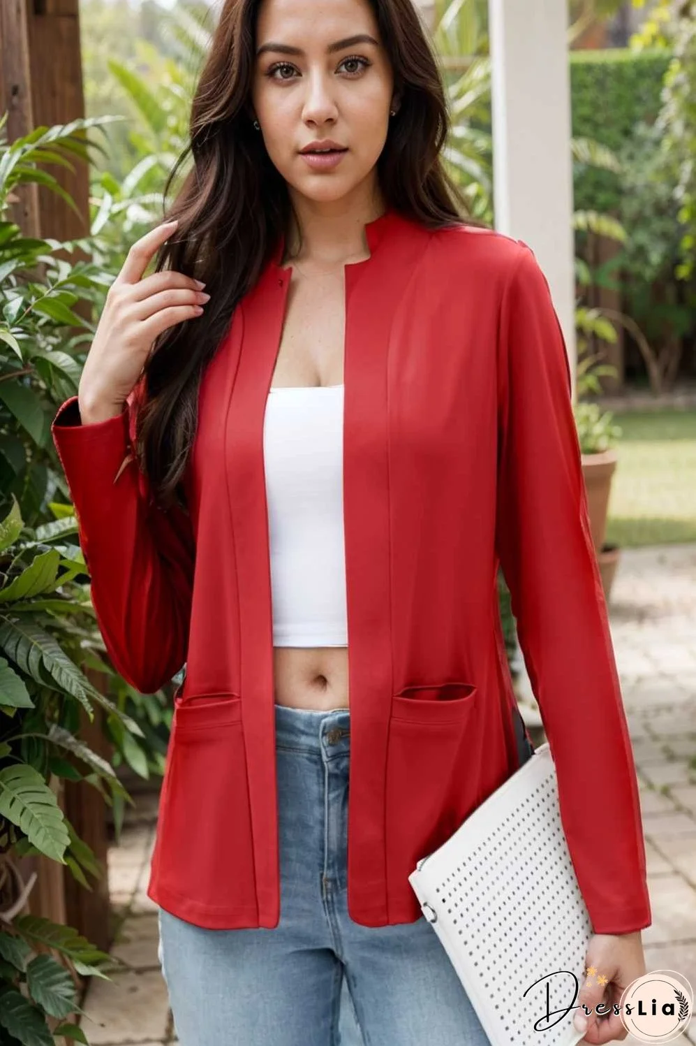 solid long sleeves pockets open front versatile blazer