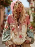 Women's Floral Embroidery Color Block Boho Casual Zip-up Hoodie