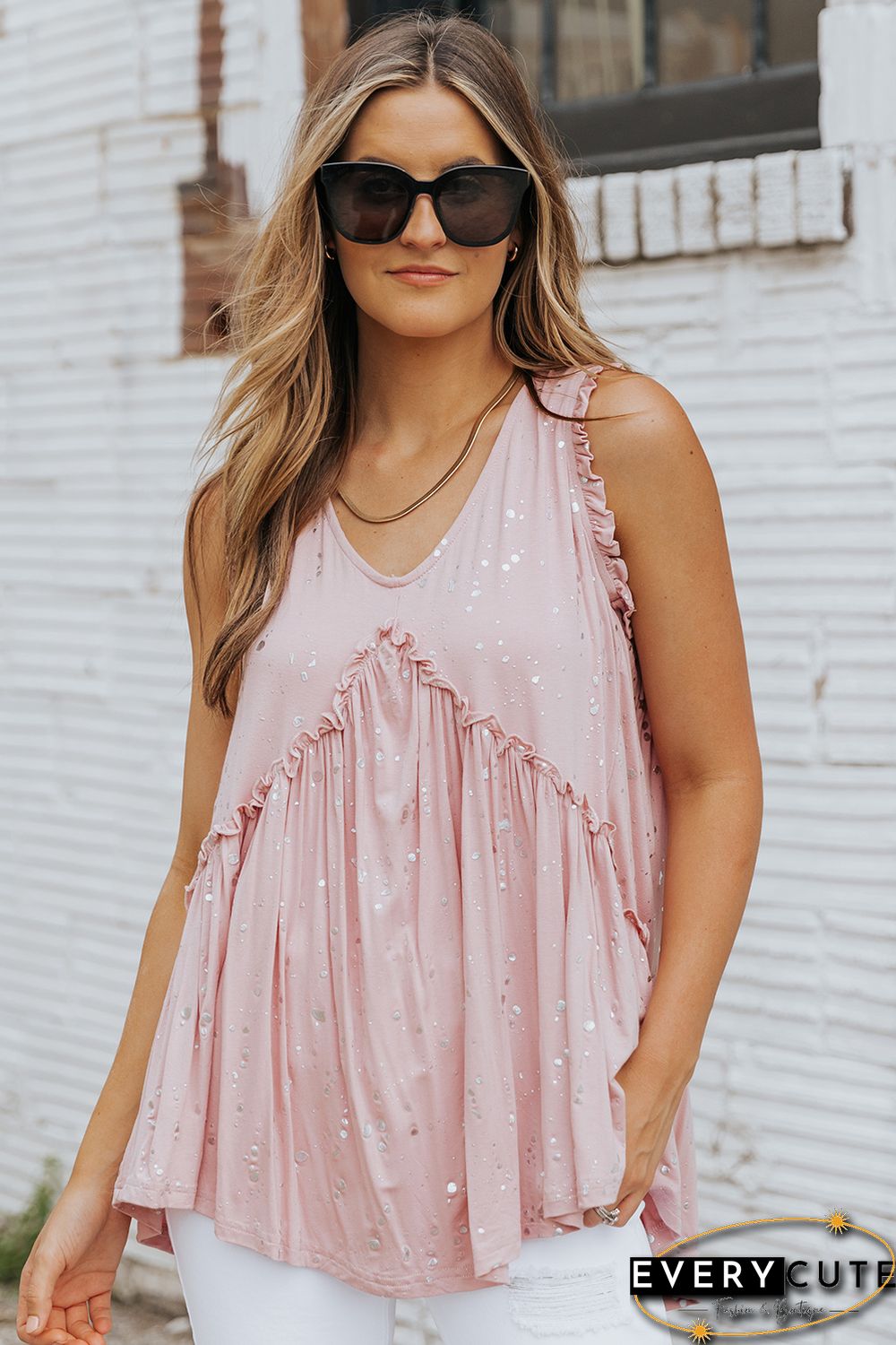 Pink Foil Splatter Drops Ruffled Flowy Tank