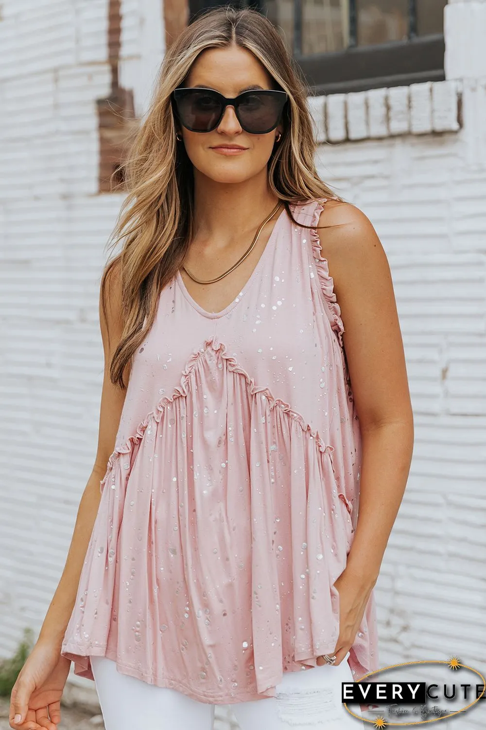 Pink Foil Splatter Drops Ruffled Flowy Tank