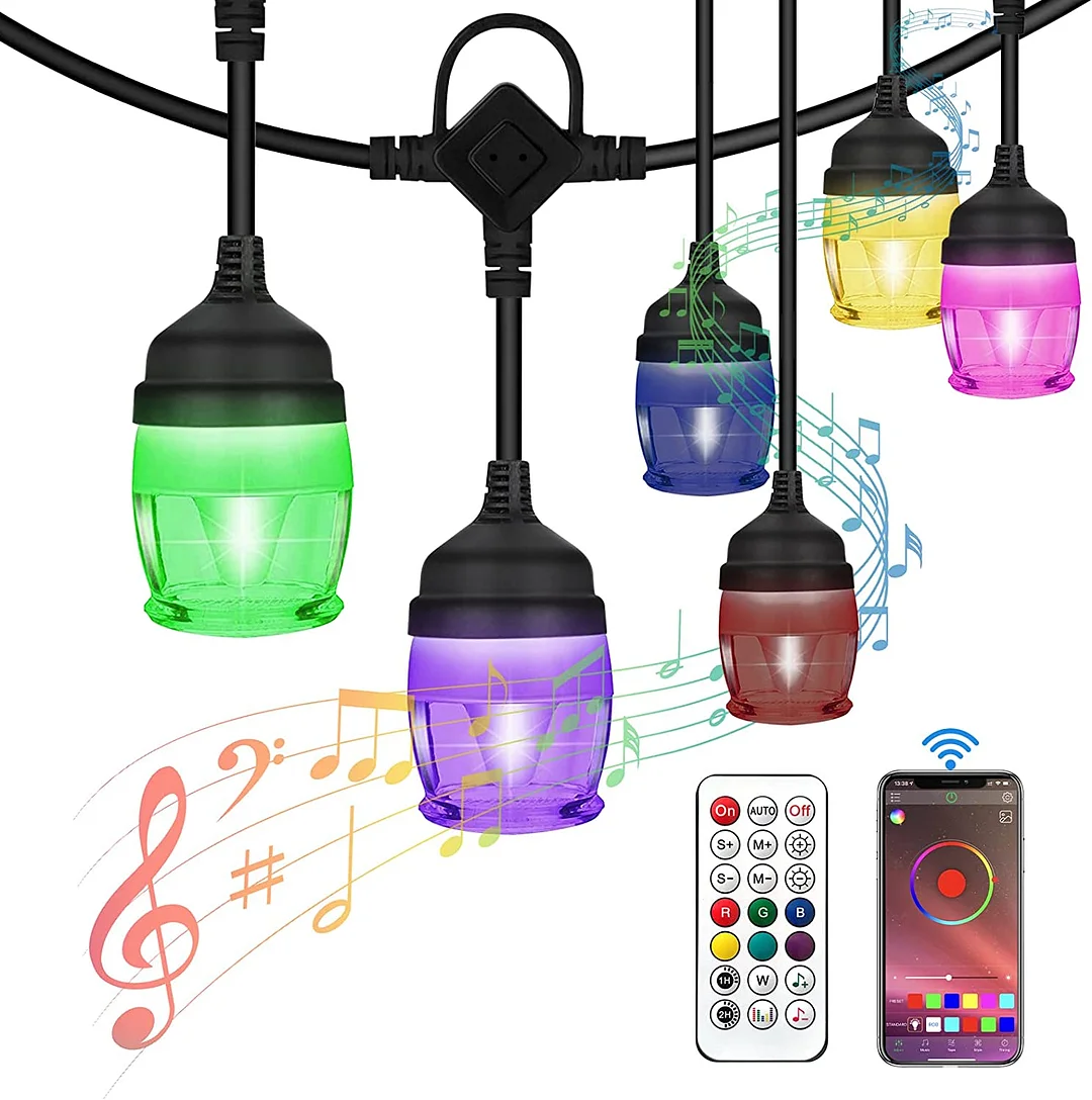 Outdoor String Lights 43FT, RGB LED Color Changing Patio Light for Outside Waterproof, Bluetooth Smart App & Remote Control with 14 Dimmable Bulbs for Party Camping Bistro Balcony Backyard Decor