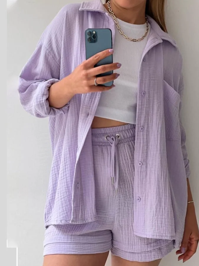 Spring And Summer New Fashion Casual Solid Color Shirts With Shorts, Two -Piece Female