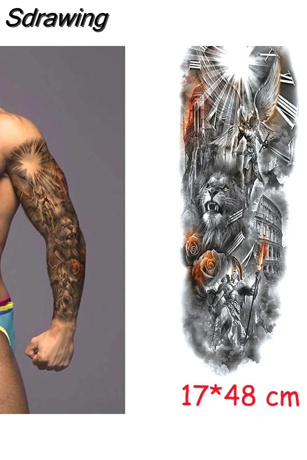 Sdrawing temporary tattoo sticker full arm lion king angel warrior lightning tree flower fake tatto flash tatoo to man woman 430-1