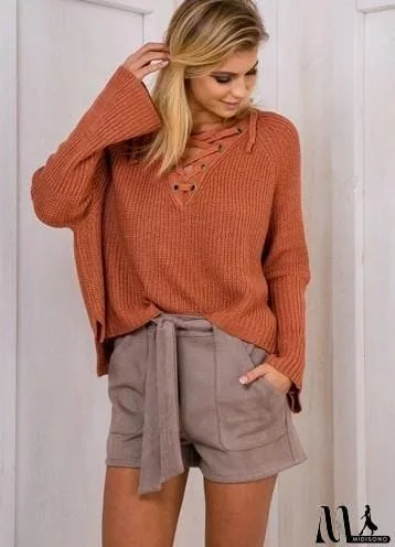 MidiSono - V Neck Solid Color Long Sleeve Knit Sweater