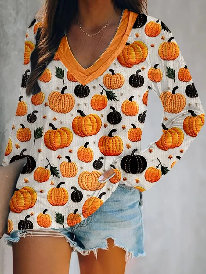 Women's Autumn Pumpkin Print Long Sleeve T-Shirt 