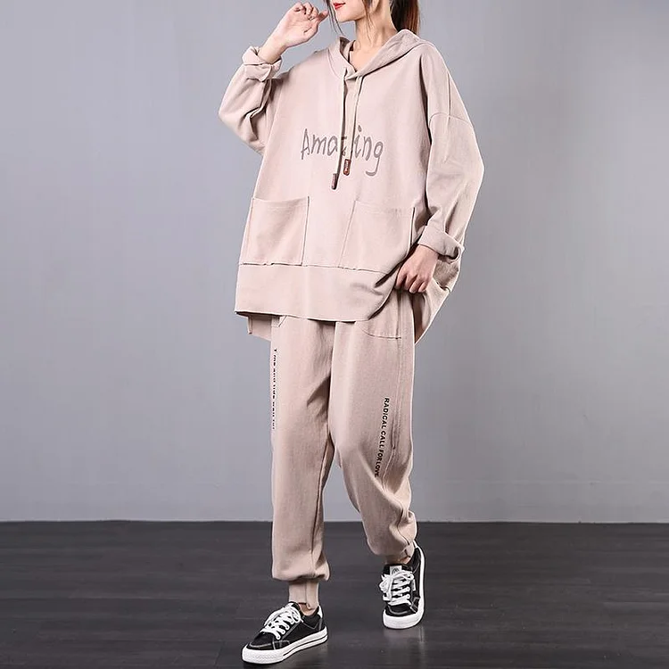 Sports two-piece suit 2020 new khaki loose large size micro fat suit