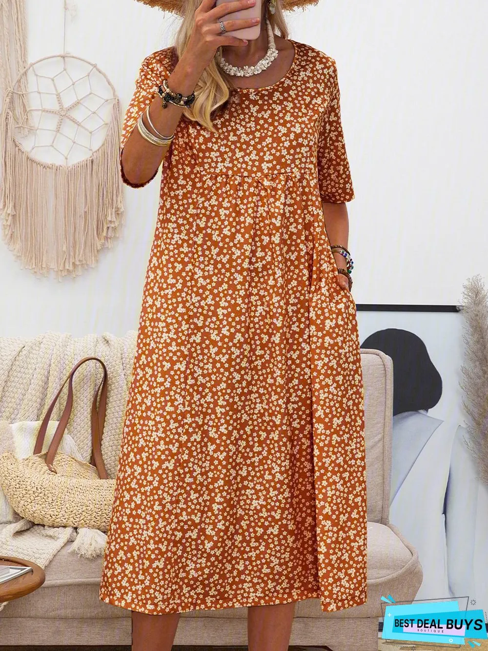 Women Short Sleeve Round Neck Floral-Print Causal Midi Dress