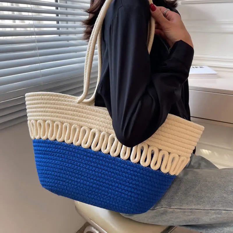 Vintage Colorblock Dot Hollow Boho Handmade Straw Tote Bag