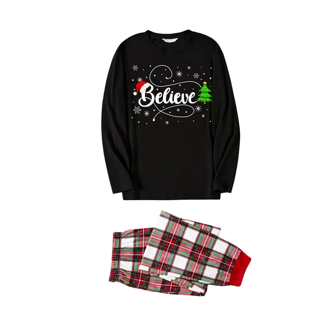 Christmas "Believe" Text and Tree Print Black Long Sleeve Top with Red & White & Green Plaid Family Matching Pajamas