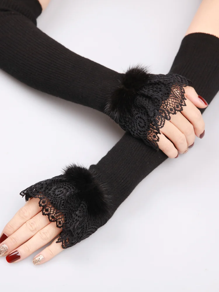 Black Woolen Bow Lace Gloves Women Long Fake Sleeves Novameme