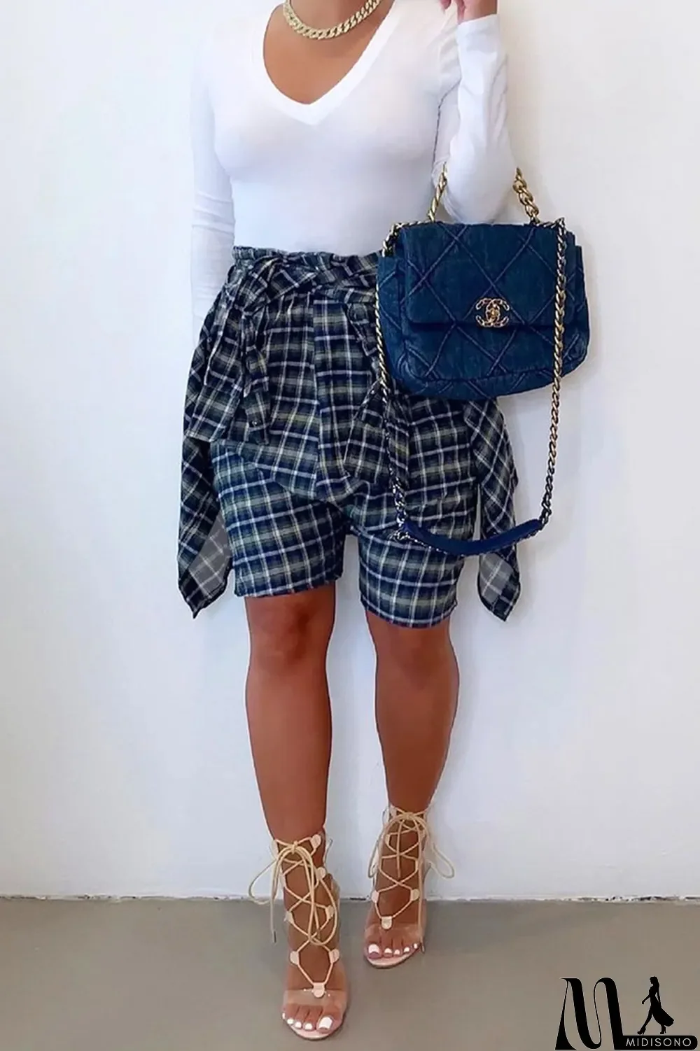 MidiSono - Turquoise Casual Street Plaid Print Bandage Split Joint High Waist Straight Full Print Bottoms