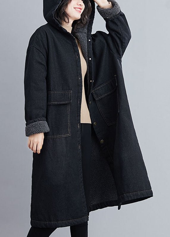 Italian Black Hooded Pockets Fleece Wool Lined Winter denim parka CK2199- Fabulory
