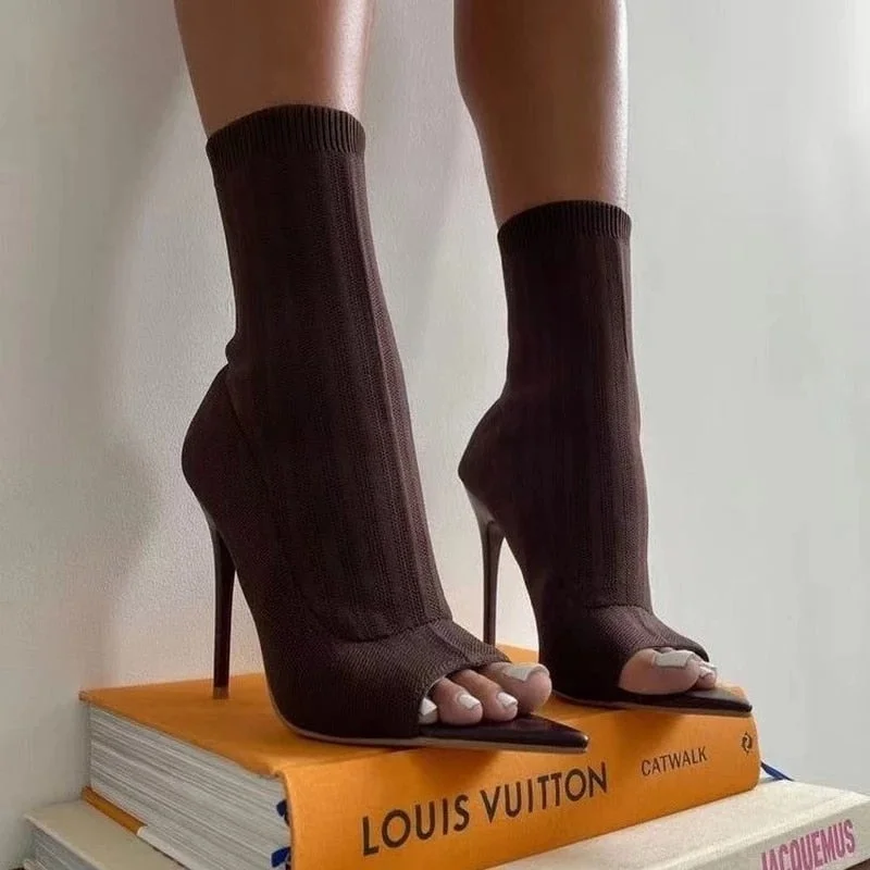 Luxury Brand Design Women Stretch Sock Boots Thin High Heels Peep Toe Fashion Sexy Mature Ladies Shoes Female Footwear Cozy 2021