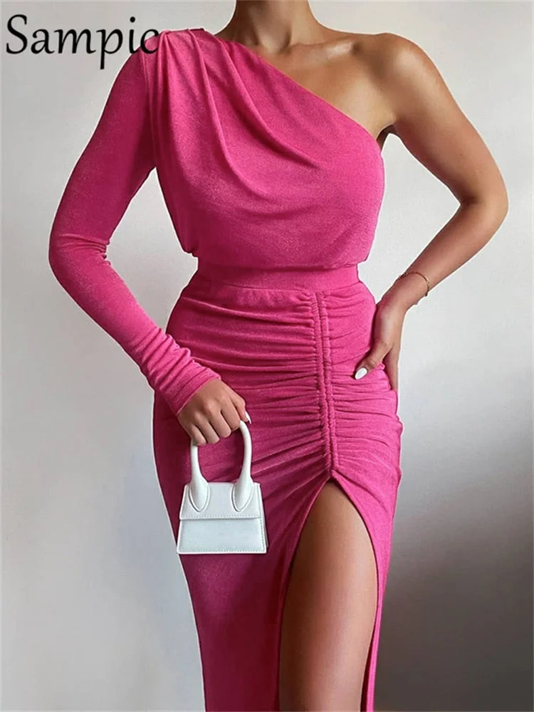Sampic Sexy Women Club Off Shoulder Long Sleeve Party Fashion Wrap Split Long Dress 2021 Autumn Winter Skinny Ruched Dresses