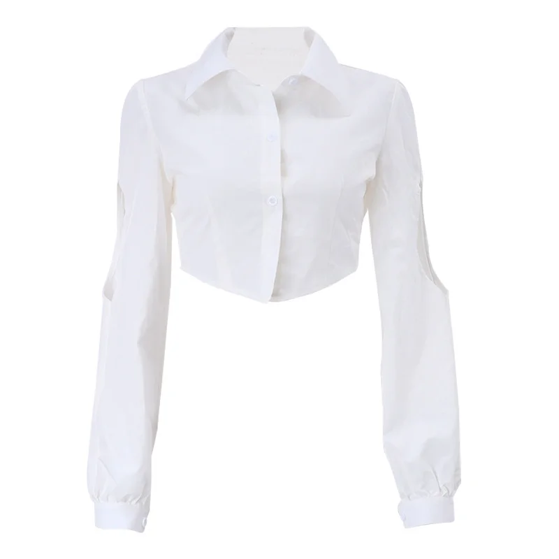 Brownm Brownm Spring New Women's Fashion Sexy Crop Sweet And Fresh Polo Collar Long Sleeve Shirt