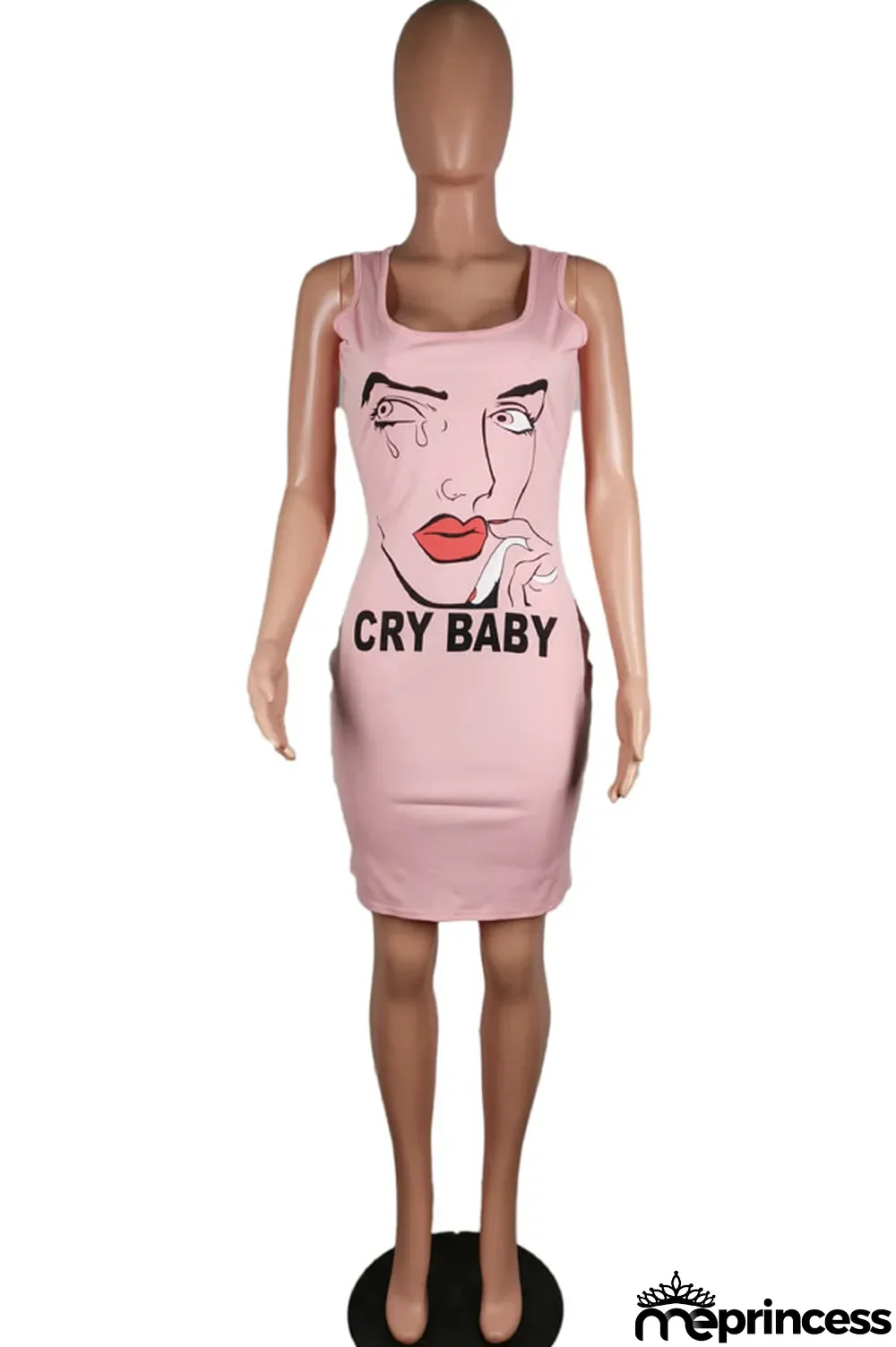 Pink Polyester Sexy White Green Pink Yellow Spaghetti Strap Sleeveless Slip Sheath Knee-Length Print Dresses