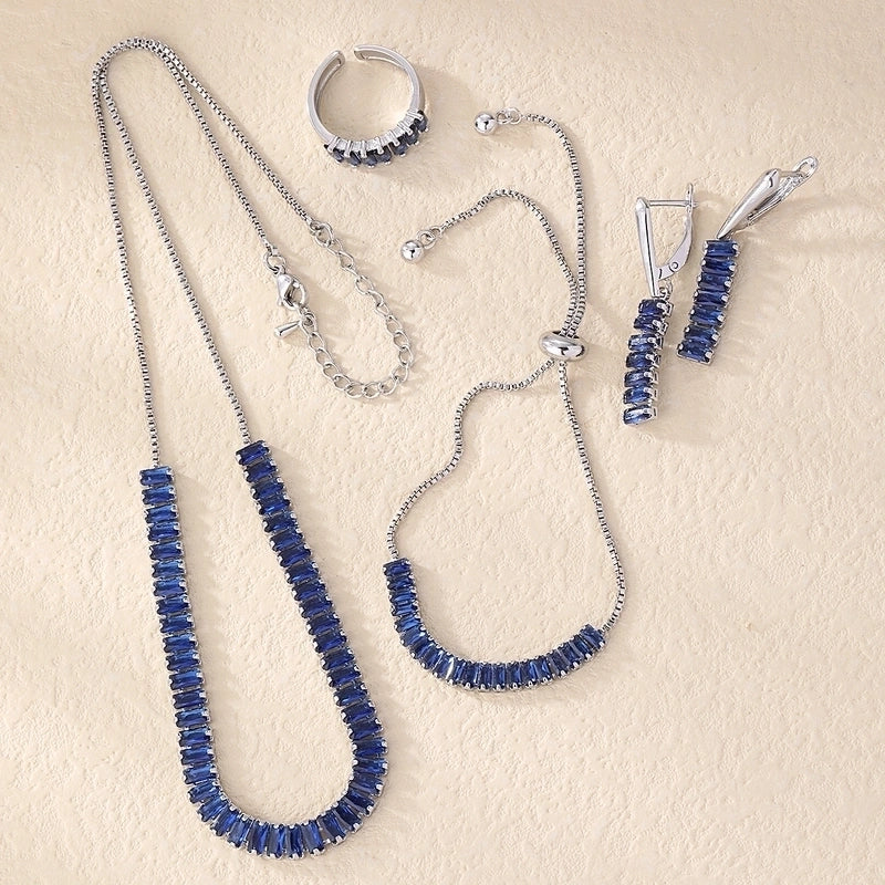 304 Stainless Steel Copper Rhodium Plated Minimalist Shiny Inlay Geometric Rectangle Zircon Rings Earrings Necklace