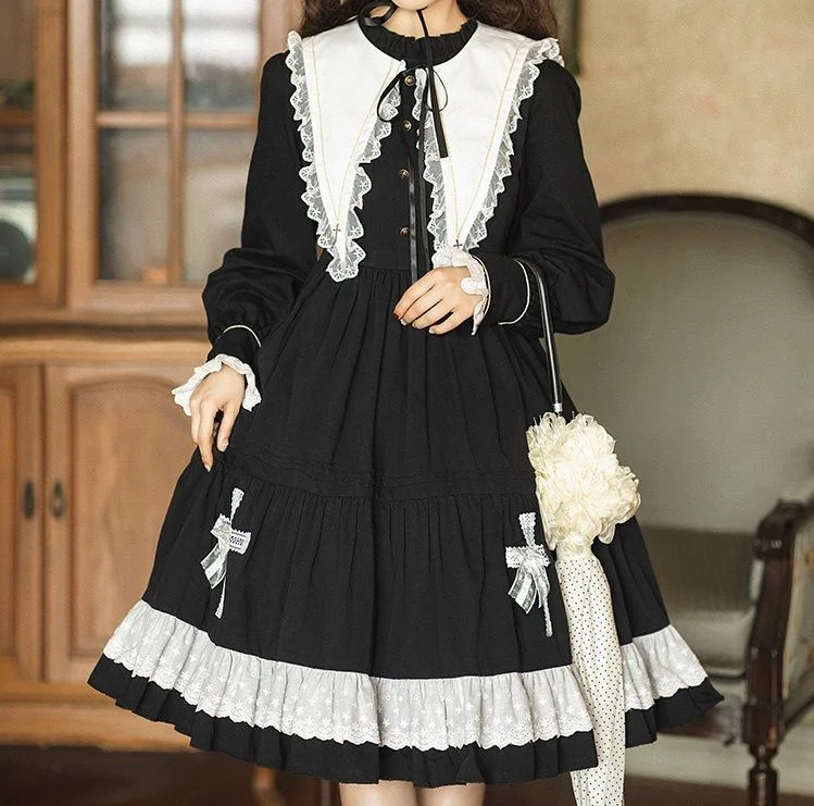 Lolita Fashion Long-Sleeve Collared Lace Trim A-Line Dress YP21