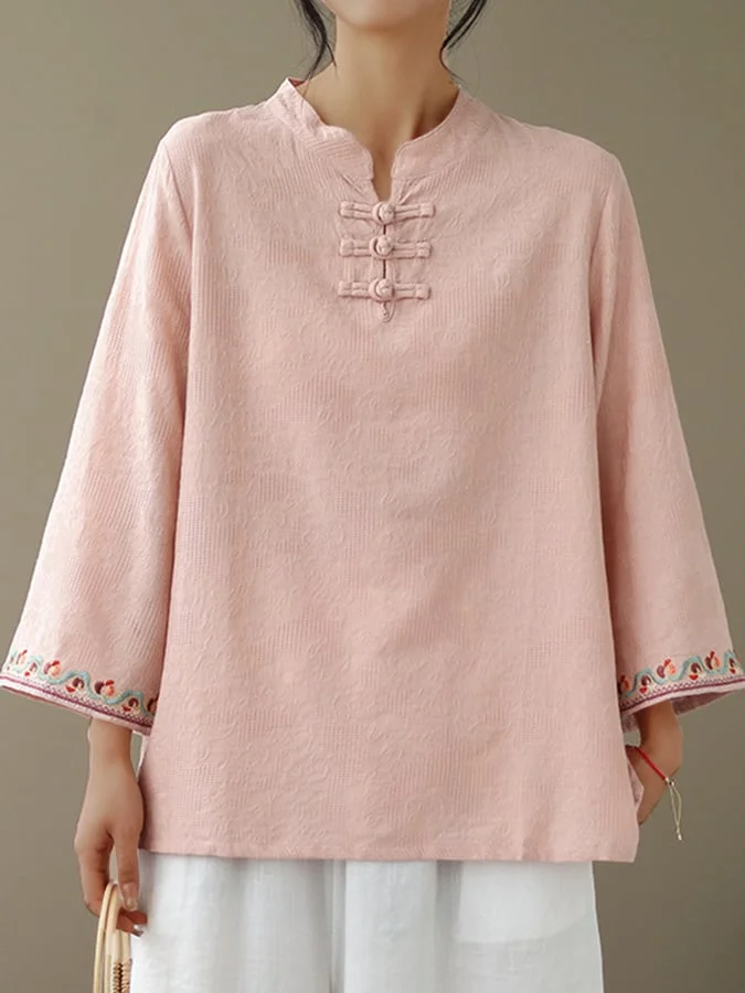 Chinese Style Pankou Jacquard Embroidery Nine Quarter Sleeve Shirt