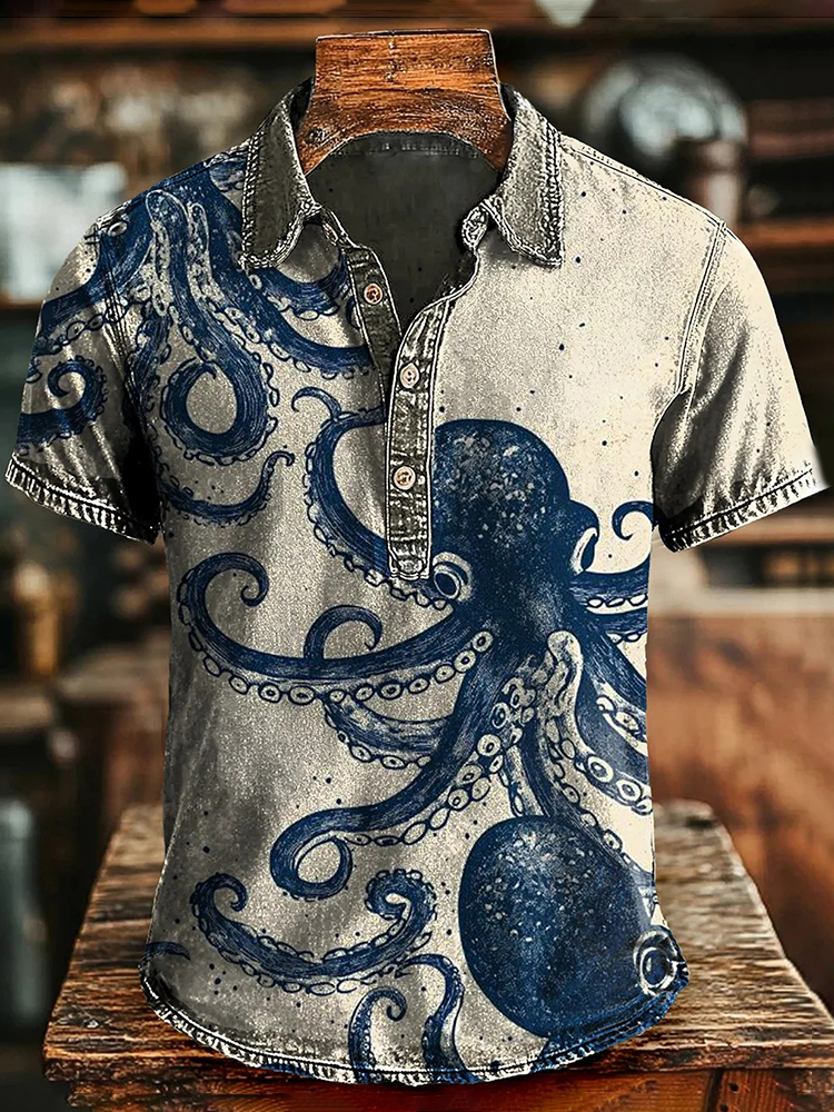 Comstylish Vintage Fish Octopus Art Retro Print Short Sleeve Polo Shirt