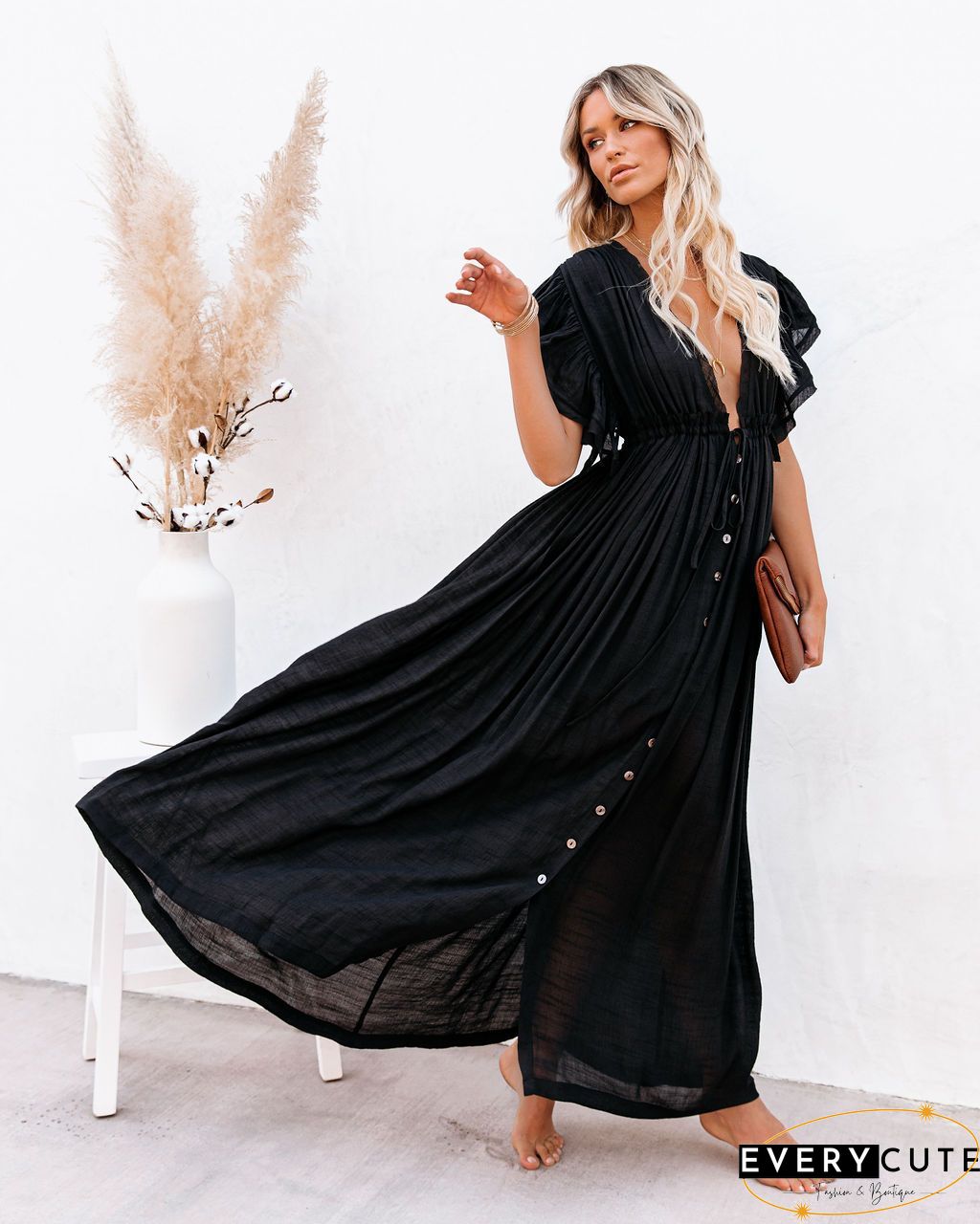 Off Shoulder Hem Split Ruffle Maxi Dress