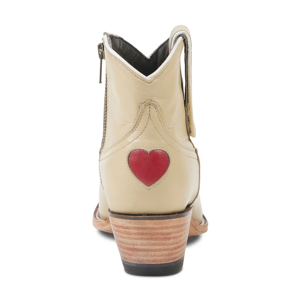 Beige Heart Inlay Closed-Toe Stacked Heel Cowboy Boots for Women