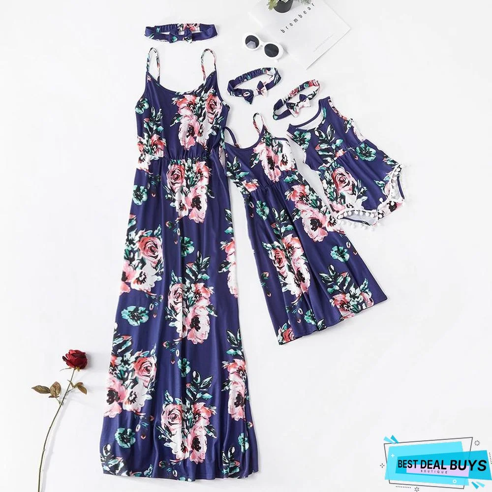 Mommy and Me Floral Dark Blue Casual Tank Matching Dresses