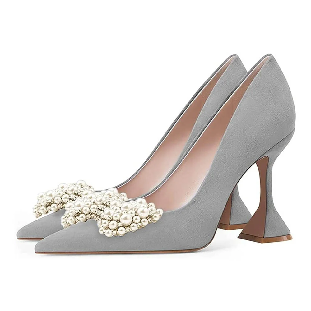 Grey Pointed Toe Flared High Heel Prom Bow Pumps Shoes with Pearl