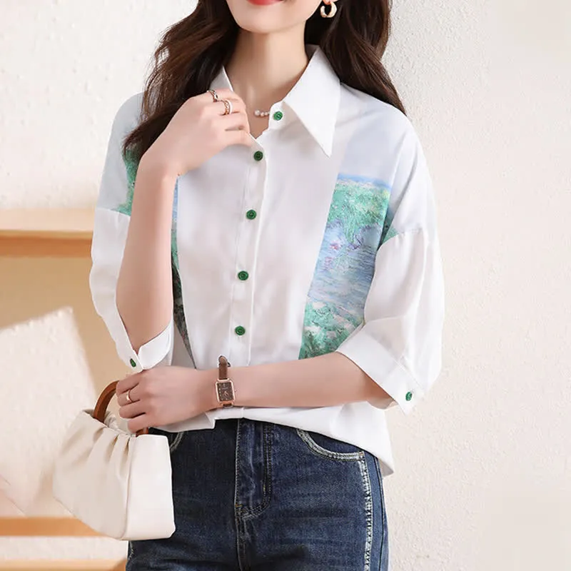 Chic Painting Print Chiffon Lapel Shirt Workwear