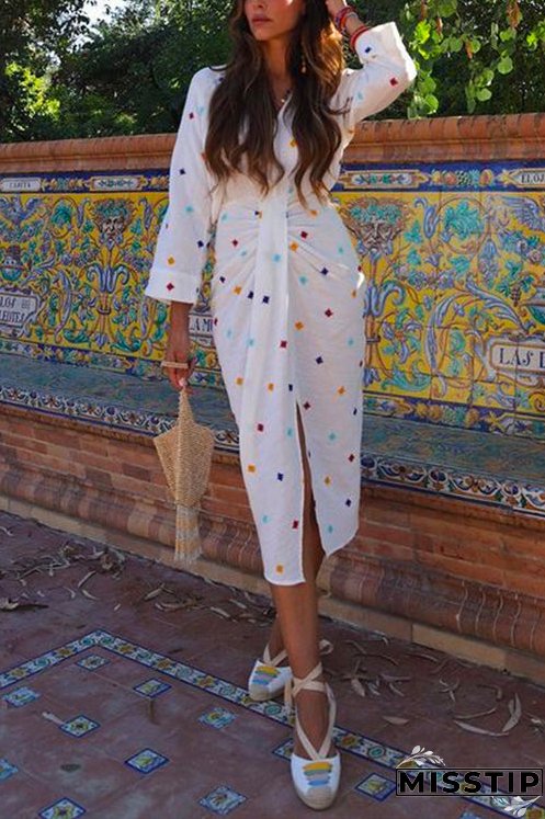 V Neck Waisted Slit Embroidery Midi Dress