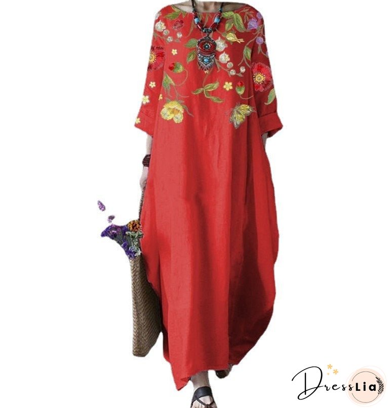 Summer Feminine Style Long Dress Round Neck Vintage Sweet Print Art Dress 3/4 Sleeve