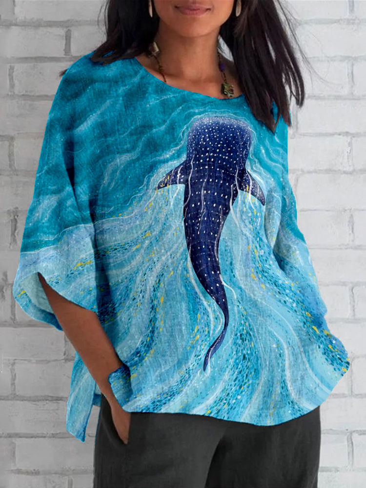 Comstylish Whale Shark Ocean Painting Art Linen Blend Shirt