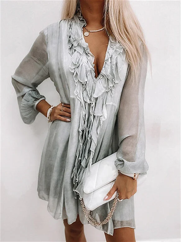 Women's Long Sleeve V-neck Flounce Chiffon Midi Dress