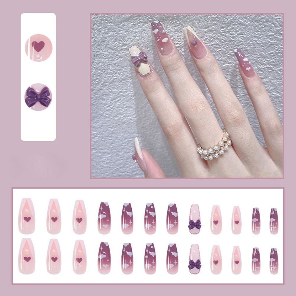 Butterfly Lovely Girl Nail Art Wearable Press On Fake Nails Tips With Glue Artificial French Nail DIY Nail Wearing Tools 24pcs