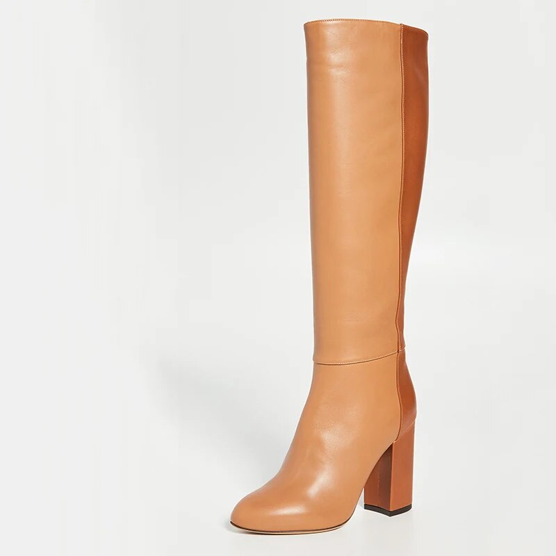 TAAFO Two Color Knee Long Boots High Square Heels Round Toe Zipper Women Patchwork Shoes