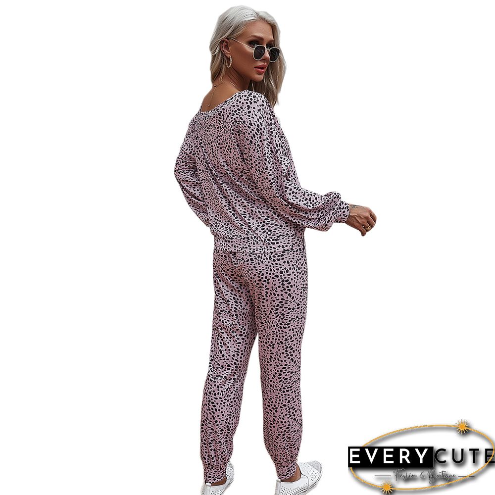 Pink Leopard Print Cold Shoulder Loungewear Pant Set