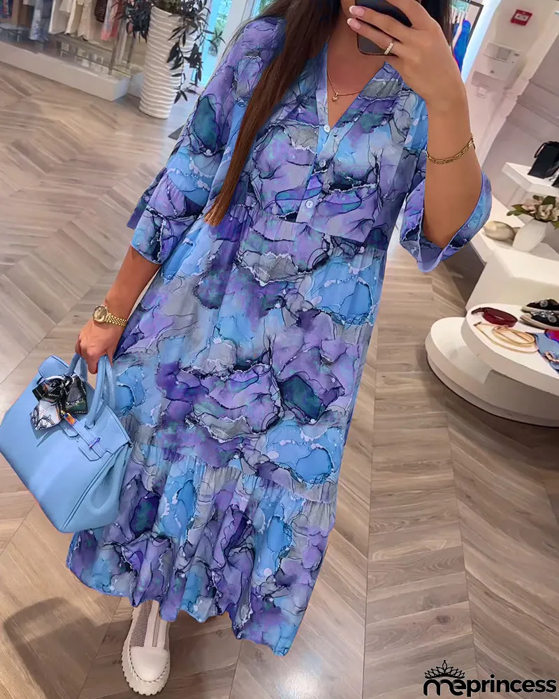 V-neck soft loose dress with print