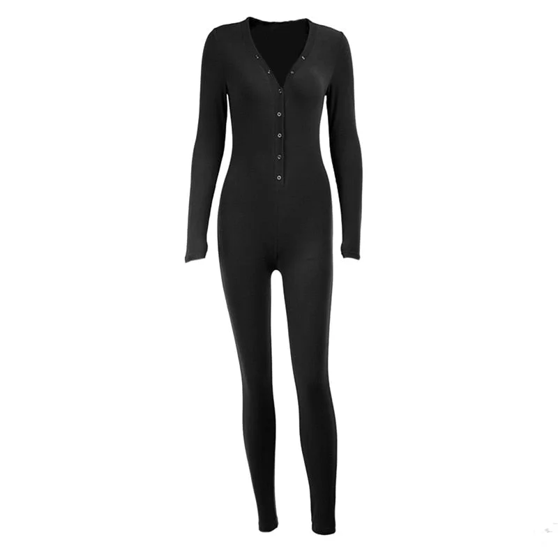 hirigin V-neck Button Sexy Rompers Woman Long Sleeve Slim Bodycon Casual Sporty Jumpsuit Autumn Letter Embroidery Streetwear