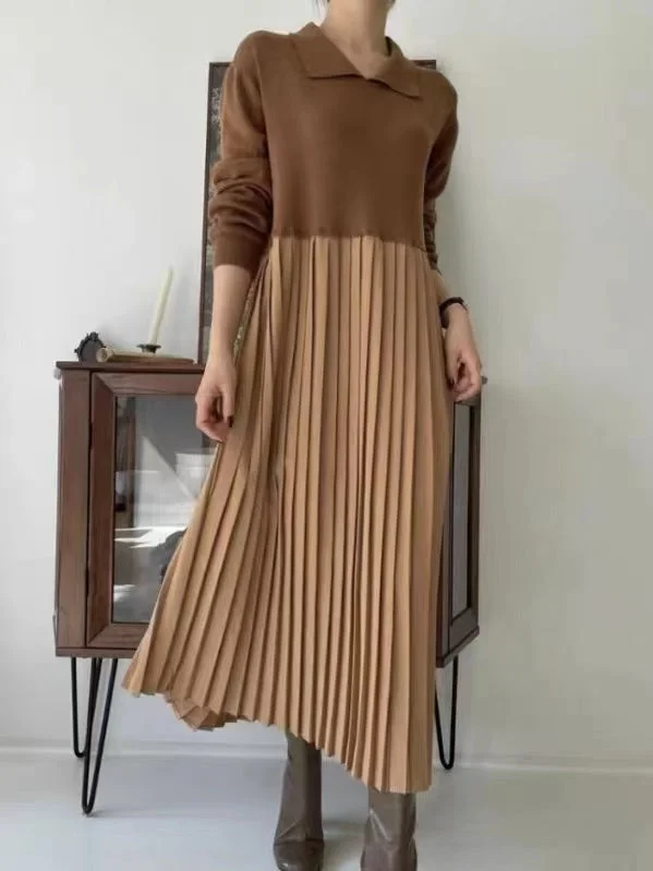 Elegant Khaki Lapel Patchwork Pleated Hem Long Sleeve Knit Dress