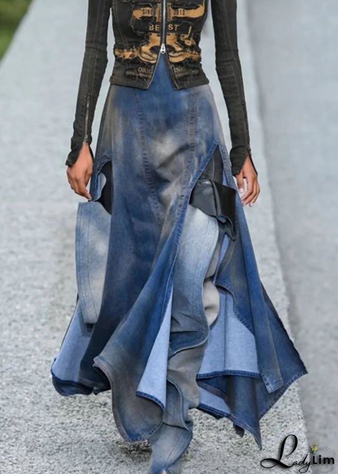 French Blue Asymmetrical Patchwork Denim Skirts Summer