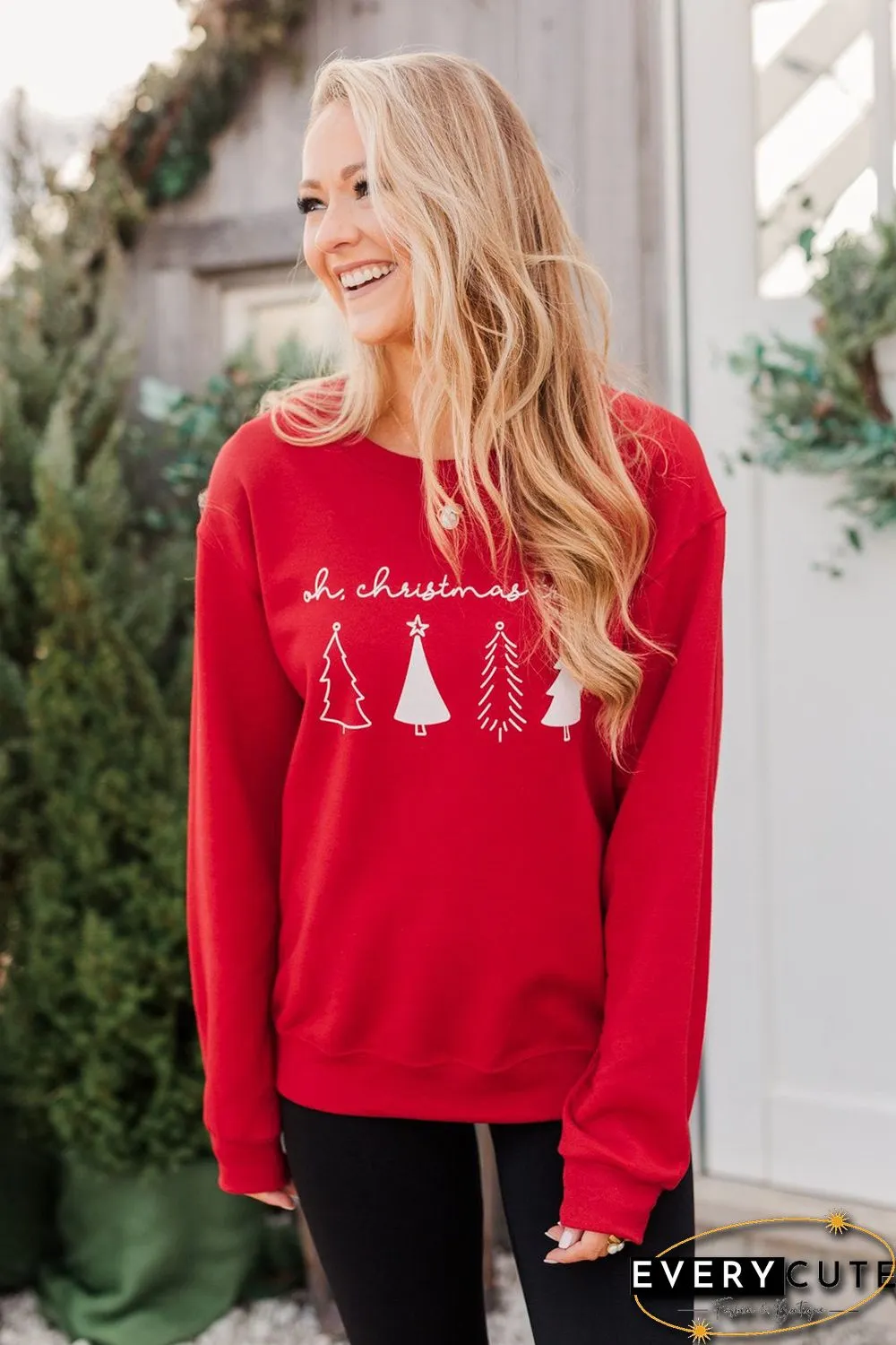 Red Christmas Tree Letter Graphic Print Long Sleeve Sweatshirt